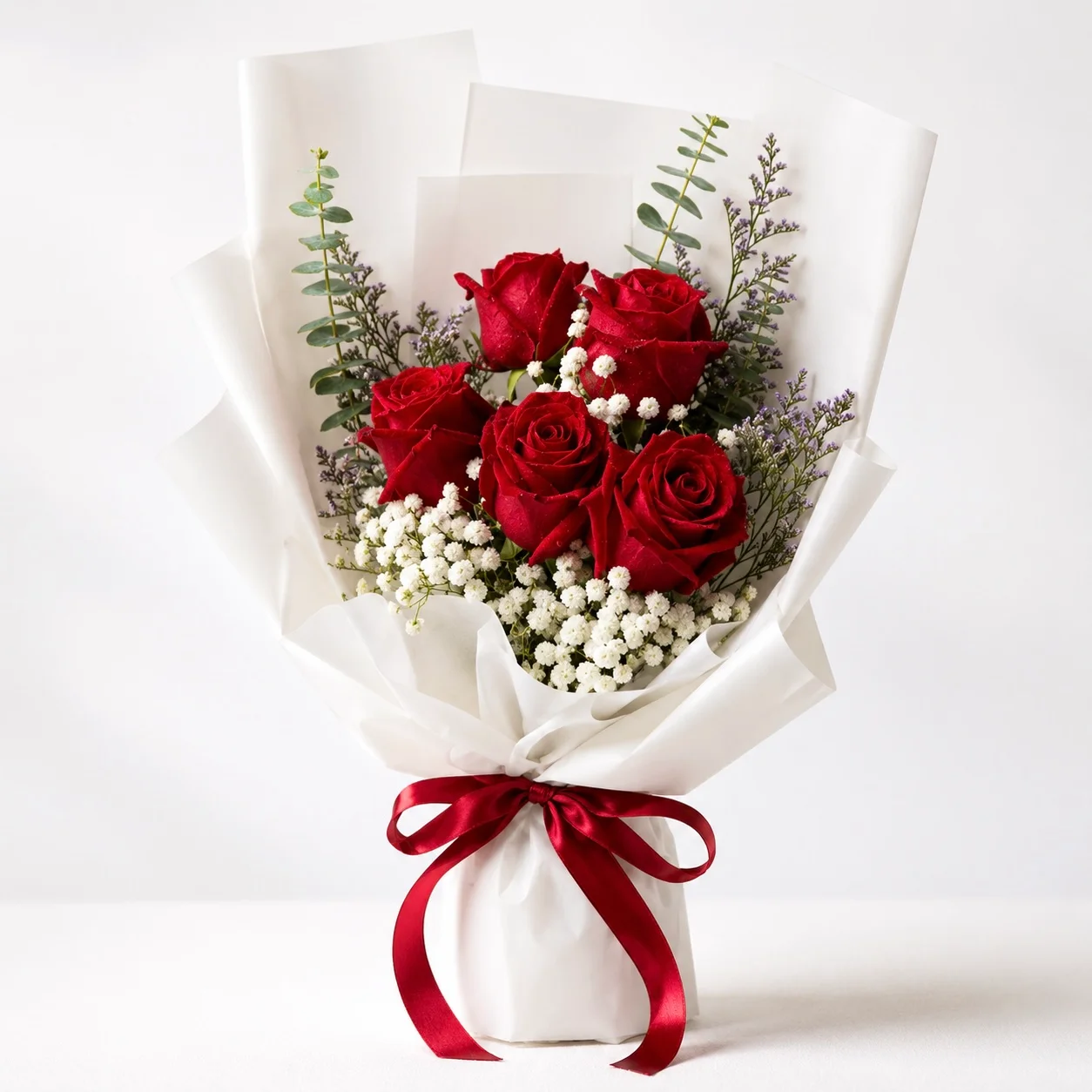 Five Reasons I Love You 5 red rose bouquet beautifully wrapped for girlfriend gifting and romantic occasions